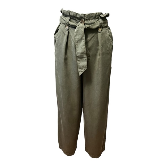 Zara Paper Bag Belt Tie Pants, Army Green, size XS - Picture 6 of 13